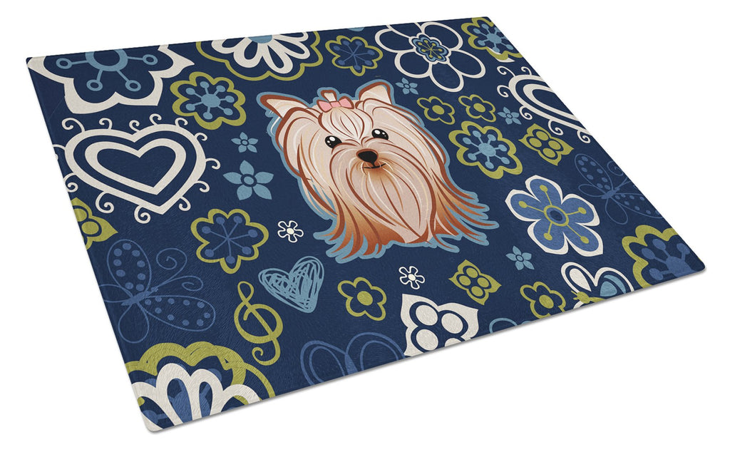 Blue Flowers Yorkie Yorkishire Terrier Cutting Board Tempered Glass Kitchen Cutting Surface, Heat Resistant Chopping, Non-Slip Feet, Food Prep & Serving