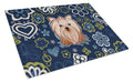 Blue Flowers Yorkie Yorkishire Terrier Cutting Board Tempered Glass Kitchen Cutting Surface, Heat Resistant Chopping, Non-Slip Feet, Food Prep & Serving