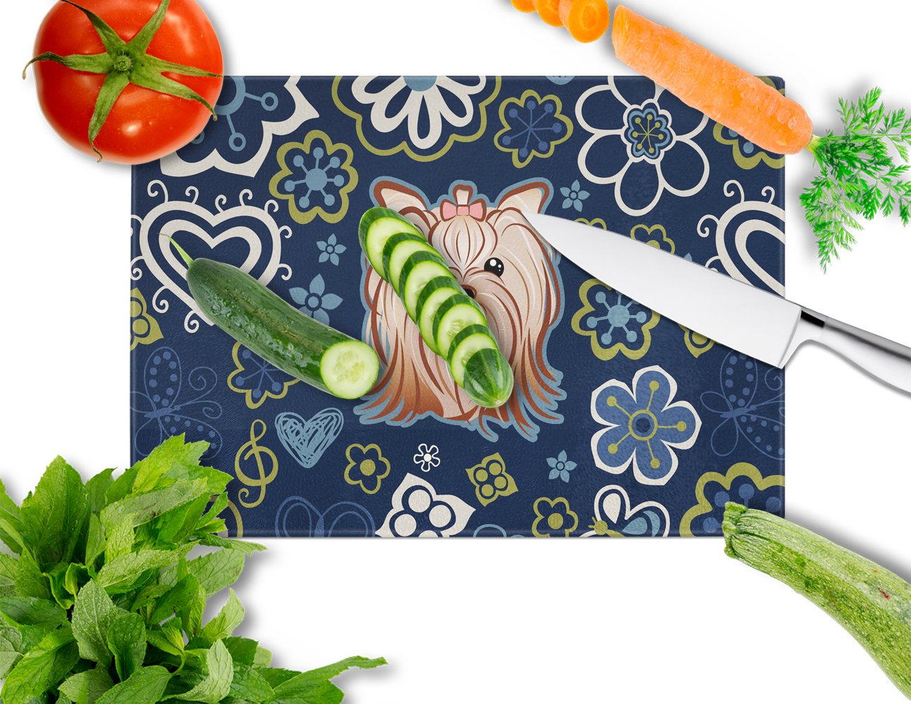 Blue Flowers Yorkie Yorkishire Terrier Cutting Board Tempered Glass Kitchen Cutting Surface, Heat Resistant Chopping, Non-Slip Feet, Food Prep & Serving