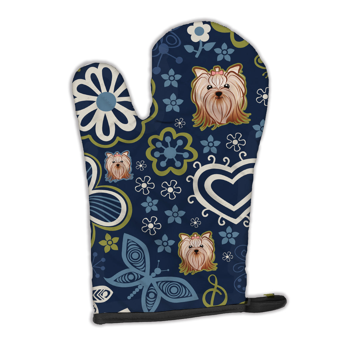 Blue Flowers Yorkie Yorkishire Terrier Oven Mitt Heat Resistant Thick Oven Mitt for Hot Pans and Oven, Kitchen Mitt Protect Hands, Cooking Baking Glove