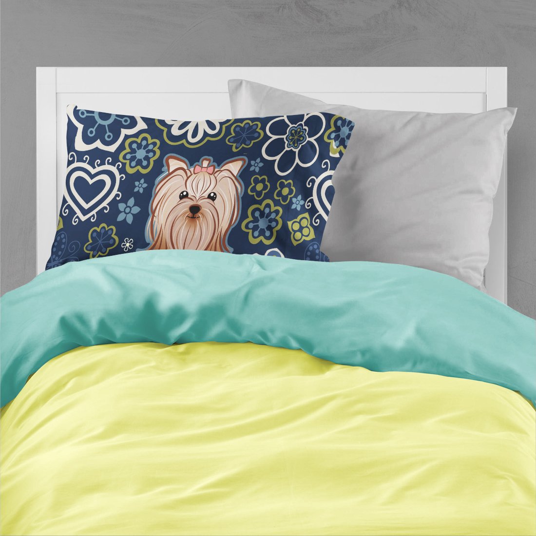 Blue Flowers Yorkie Yorkishire Terrier Standard Pillowcase Lightweight Super Soft Easy Care Decorative Artwork Pillowcase, Standard