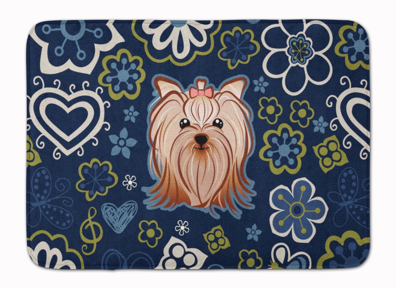 Blue Flowers Yorkie Yorkishire Terrier Memory Foam Kitchen Mat Machine Washable Anti-Fatigue Cushion Comfort Bath or Kitchen Rug
