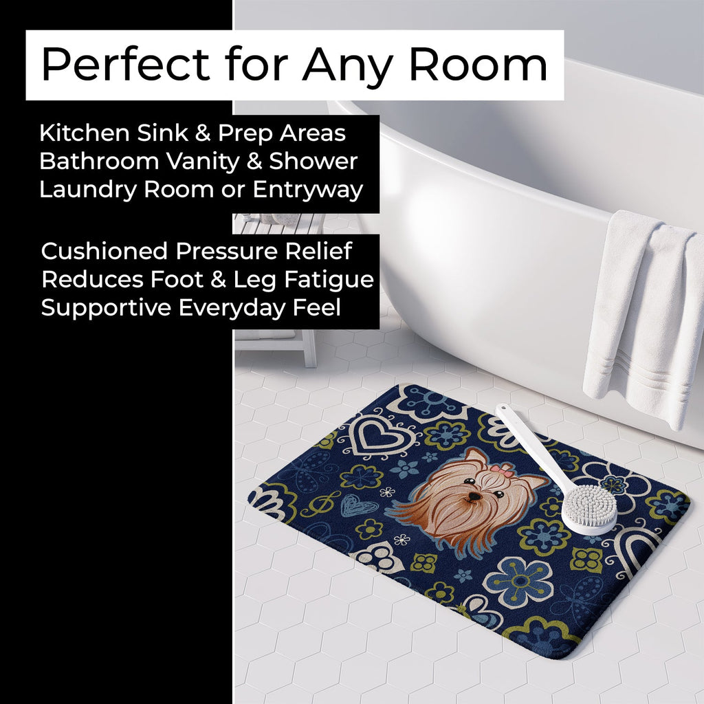 Blue Flowers Yorkie Yorkishire Terrier Memory Foam Kitchen Mat Machine Washable Anti-Fatigue Cushion Comfort Bath or Kitchen Rug