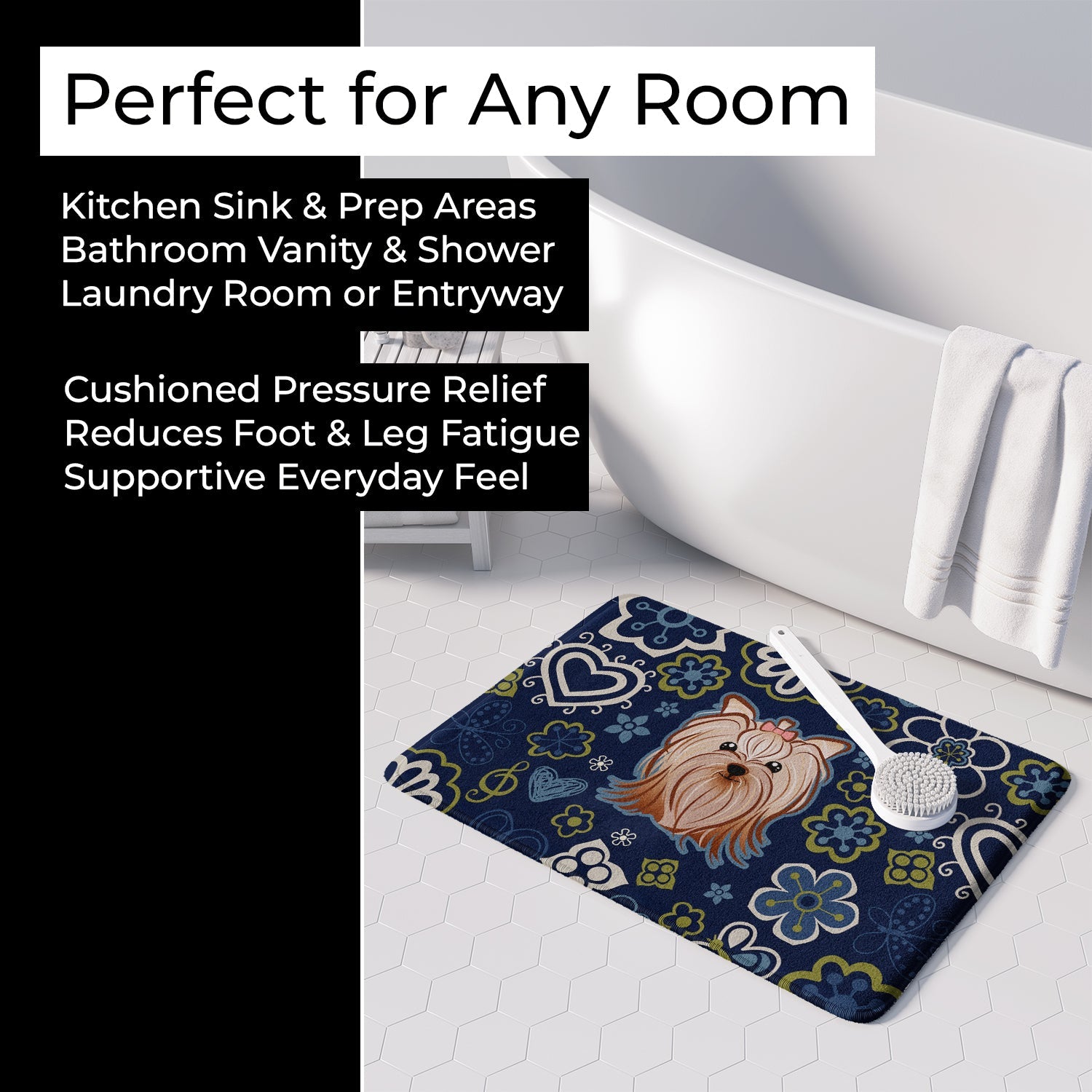 Blue Flowers Yorkie Yorkishire Terrier Memory Foam Kitchen Mat Machine Washable Anti-Fatigue Cushion Comfort Bath or Kitchen Rug