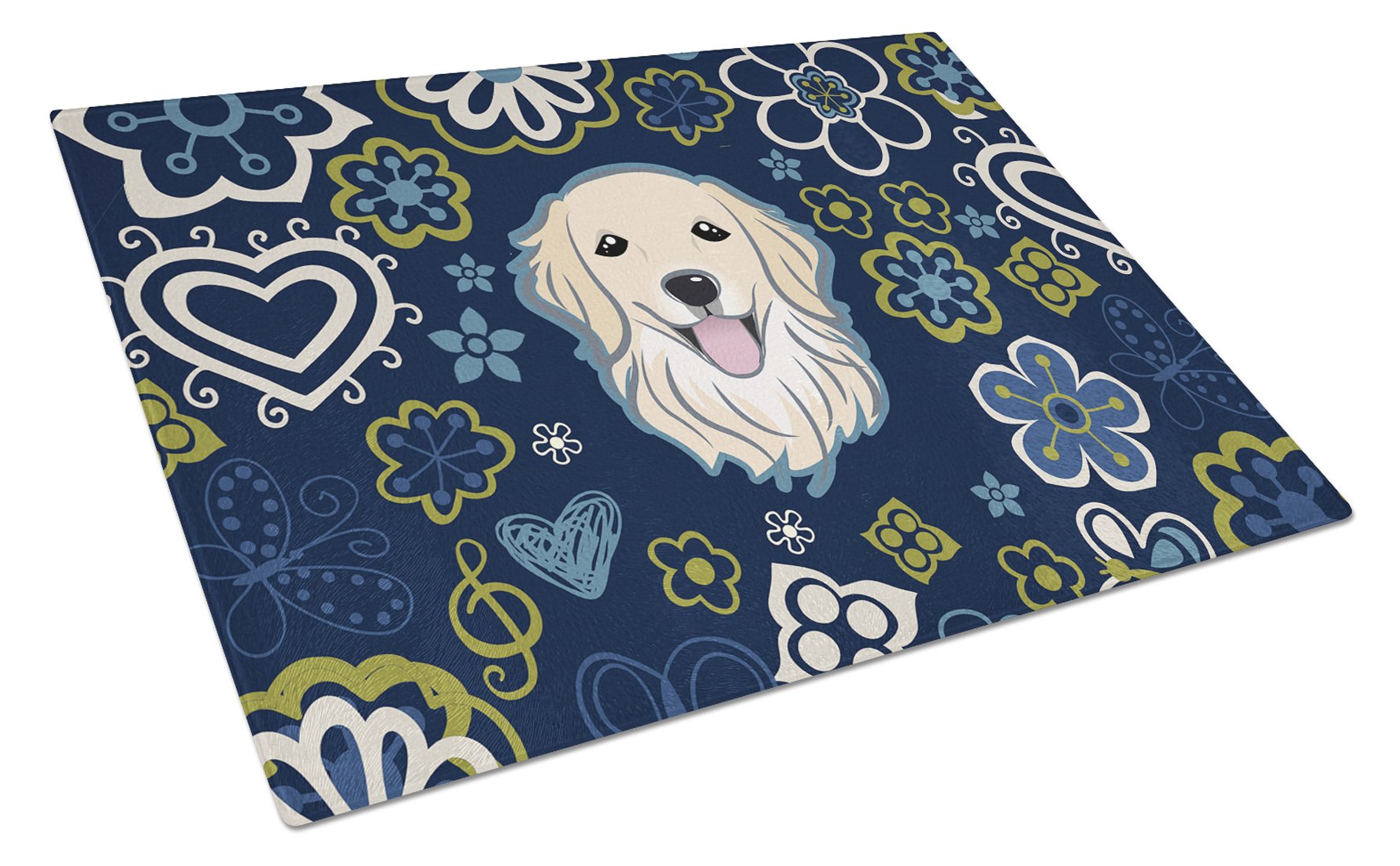 Blue Flowers Golden Retriever Cutting Board Tempered Glass Kitchen Cutting Surface, Heat Resistant Chopping, Non-Slip Feet, Food Prep & Serving