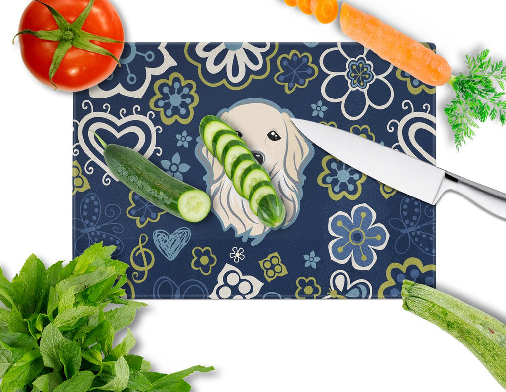 Blue Flowers Golden Retriever Cutting Board Tempered Glass Kitchen Cutting Surface, Heat Resistant Chopping, Non-Slip Feet, Food Prep & Serving