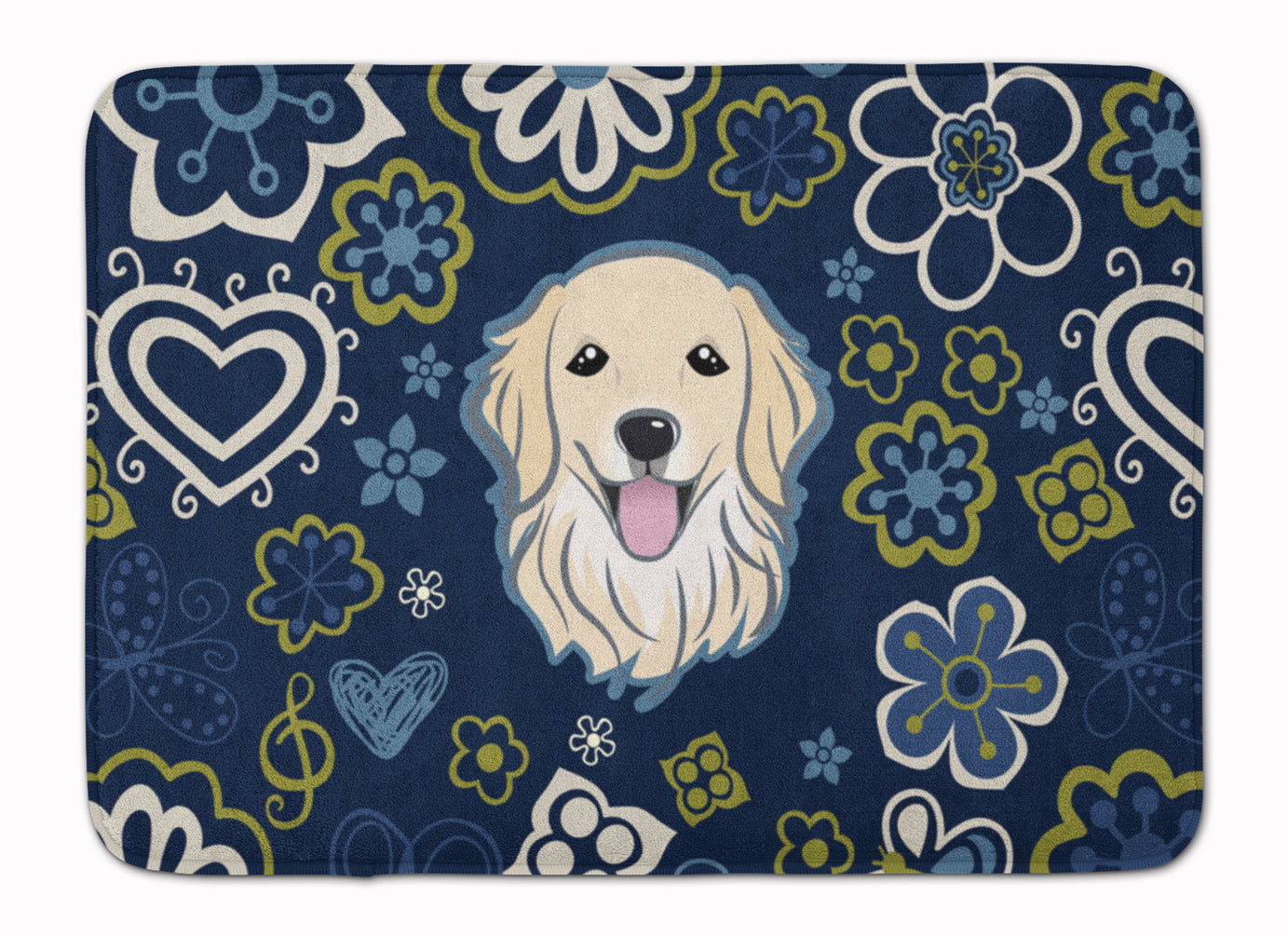 Blue Flowers Golden Retriever Memory Foam Kitchen Mat Machine Washable Anti-Fatigue Cushion Comfort Bath or Kitchen Rug