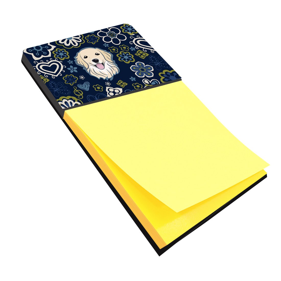 Blue Flowers Golden Retriever Watercolor Sticky Note Holder Refillable Dispenser Desk Accessory 3x3 Pad Gift