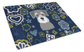 Blue Flowers Schnauzer Cutting Board Tempered Glass Kitchen Cutting Surface, Heat Resistant Chopping, Non-Slip Feet, Food Prep & Serving