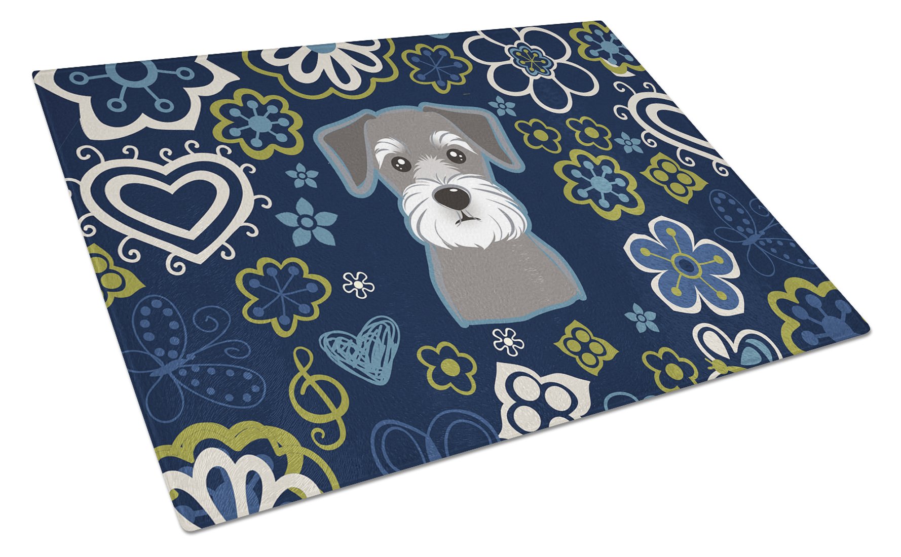 Blue Flowers Schnauzer Cutting Board Tempered Glass Kitchen Cutting Surface, Heat Resistant Chopping, Non-Slip Feet, Food Prep & Serving