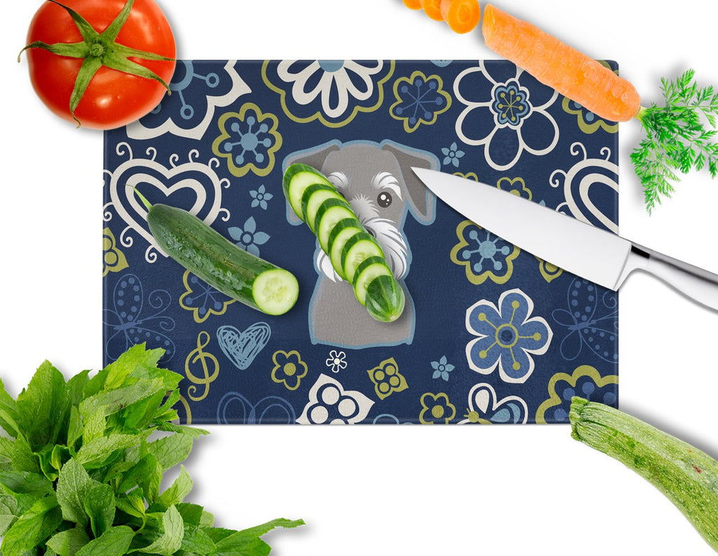 Blue Flowers Schnauzer Cutting Board Tempered Glass Kitchen Cutting Surface, Heat Resistant Chopping, Non-Slip Feet, Food Prep & Serving