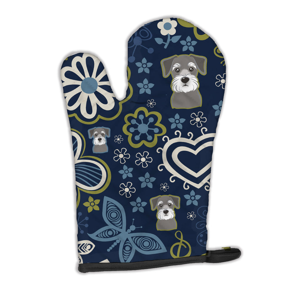 Blue Flowers Schnauzer Oven Mitt Heat Resistant Thick Oven Mitt for Hot Pans and Oven, Kitchen Mitt Protect Hands, Cooking Baking Glove