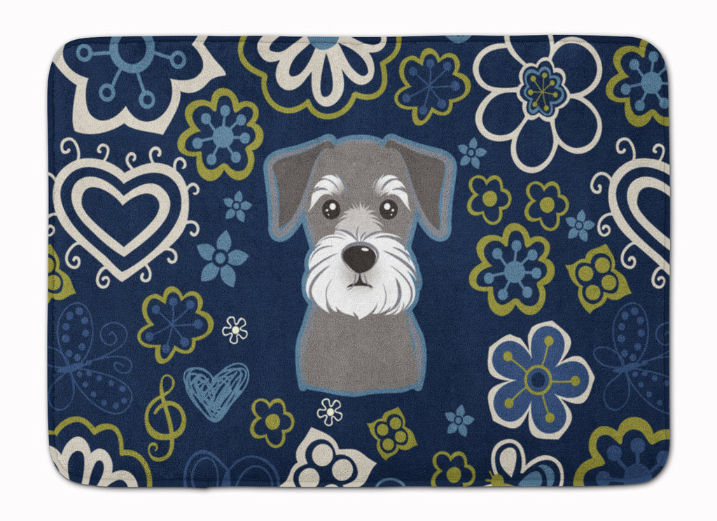 Blue Flowers Schnauzer Memory Foam Kitchen Mat Machine Washable Anti-Fatigue Cushion Comfort Bath or Kitchen Rug