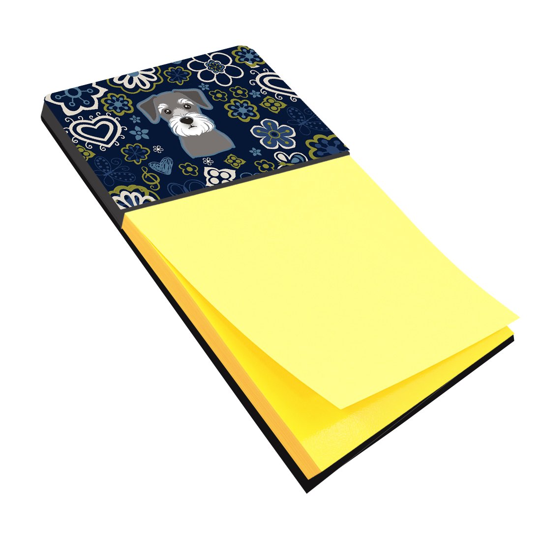 Blue Flowers Schnauzer Watercolor Sticky Note Holder Refillable Dispenser Desk Accessory 3x3 Pad Gift