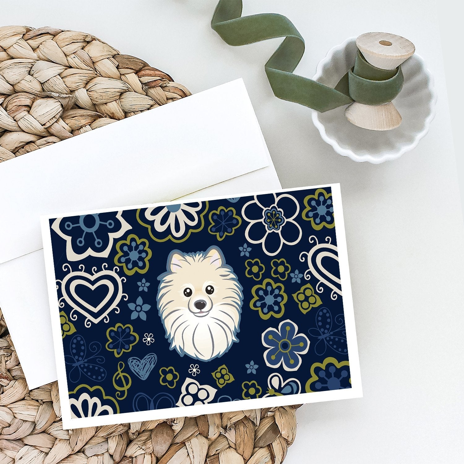 Blue Flowers Pomeranian Greeting Cards Pack of 8 Blank Cards with Envelopes Whimsical A7 Size 5x7