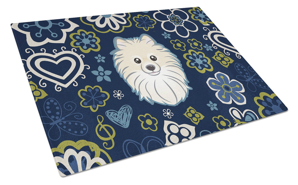 Blue Flowers Pomeranian Cutting Board Tempered Glass Kitchen Cutting Surface, Heat Resistant Chopping, Non-Slip Feet, Food Prep & Serving