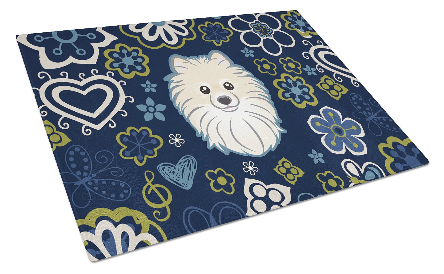 Blue Flowers Pomeranian Cutting Board Tempered Glass Kitchen Cutting Surface, Heat Resistant Chopping, Non-Slip Feet, Food Prep & Serving