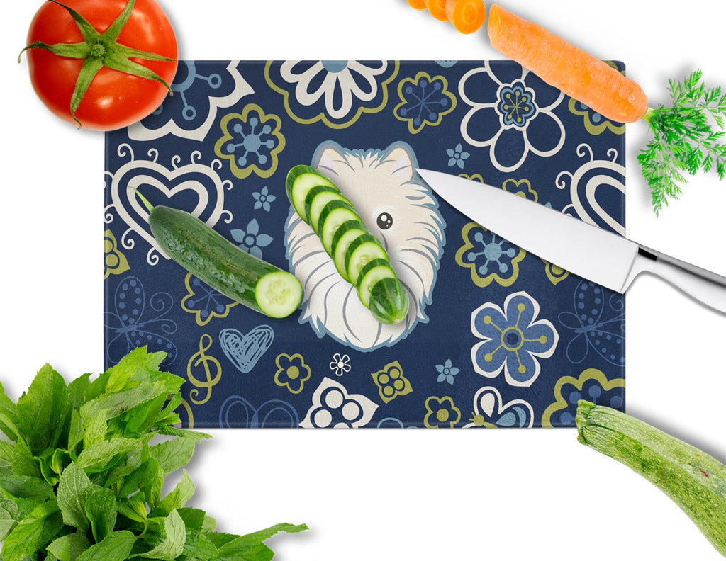 Blue Flowers Pomeranian Cutting Board Tempered Glass Kitchen Cutting Surface, Heat Resistant Chopping, Non-Slip Feet, Food Prep & Serving