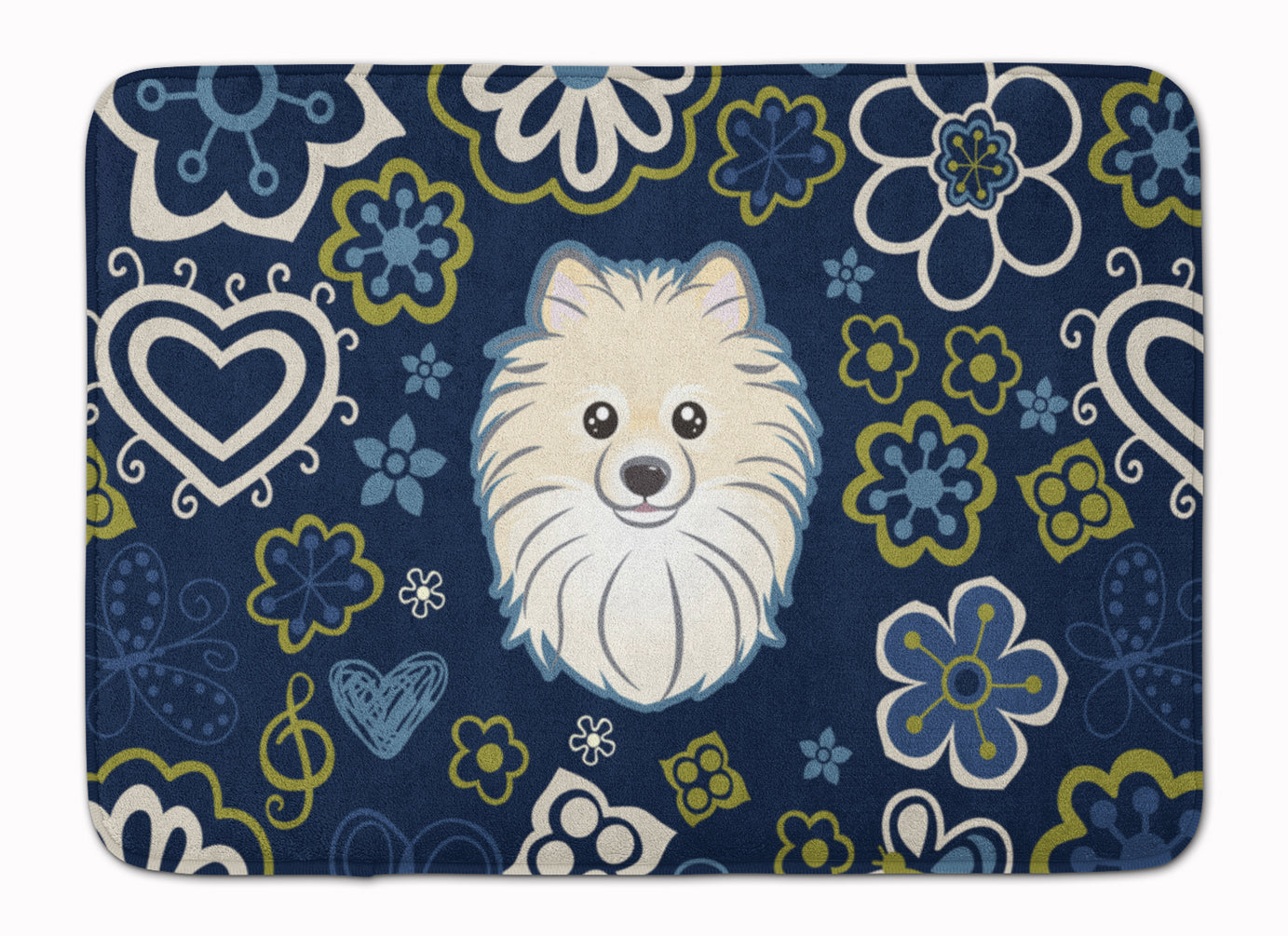 Blue Flowers Pomeranian Memory Foam Kitchen Mat Machine Washable Anti-Fatigue Cushion Comfort Bath or Kitchen Rug