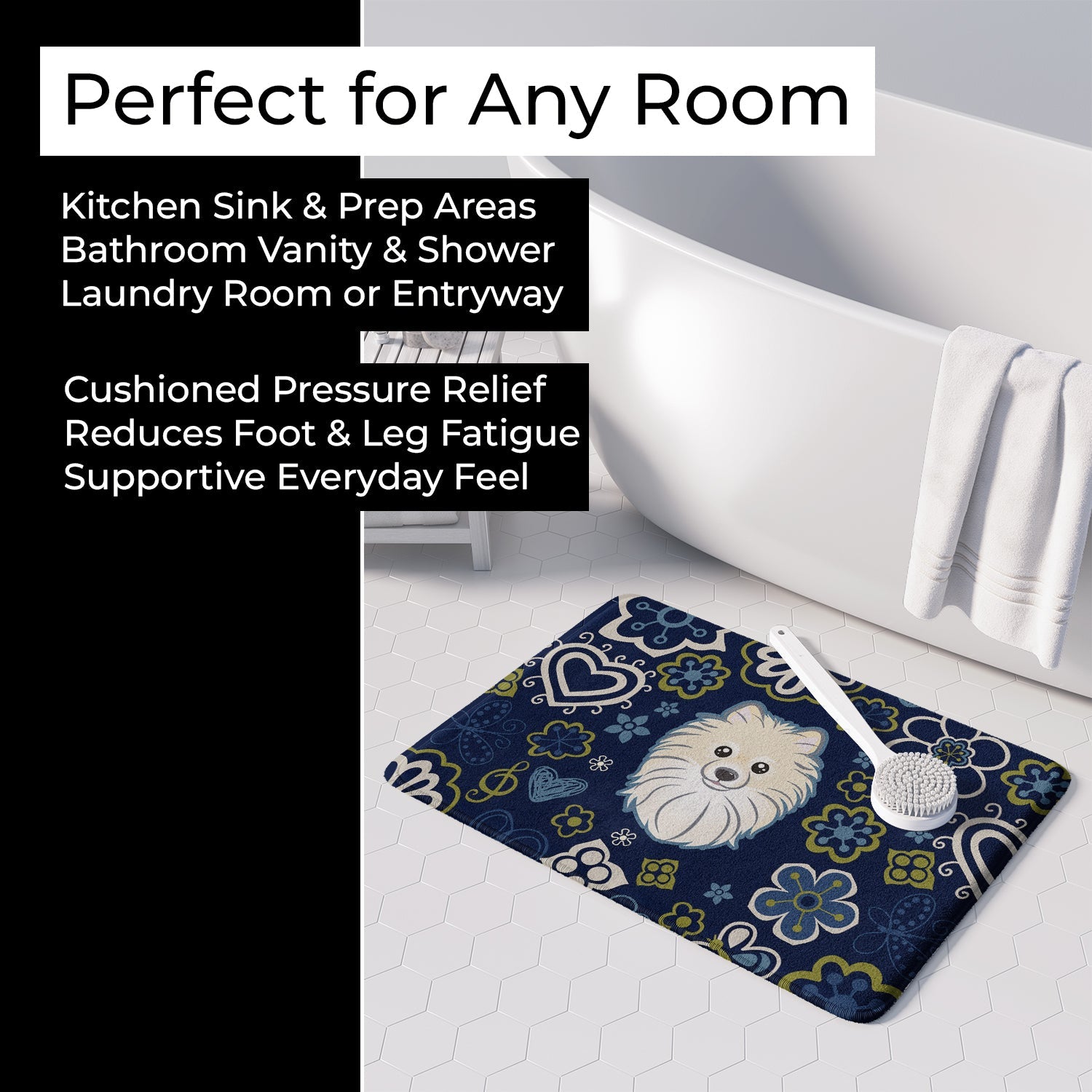 Blue Flowers Pomeranian Memory Foam Kitchen Mat Machine Washable Anti-Fatigue Cushion Comfort Bath or Kitchen Rug