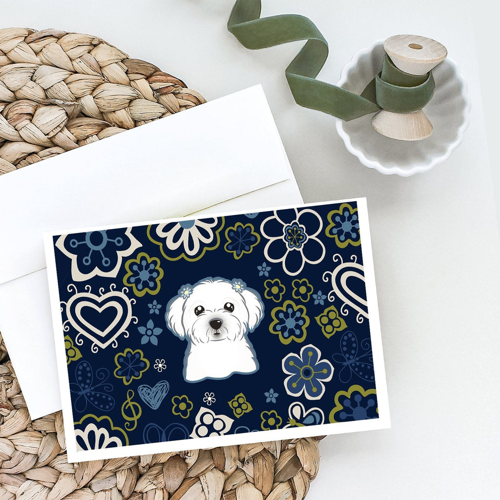Blue Flowers Maltese Greeting Cards Pack of 8 Blank Cards with Envelopes Whimsical A7 Size 5x7