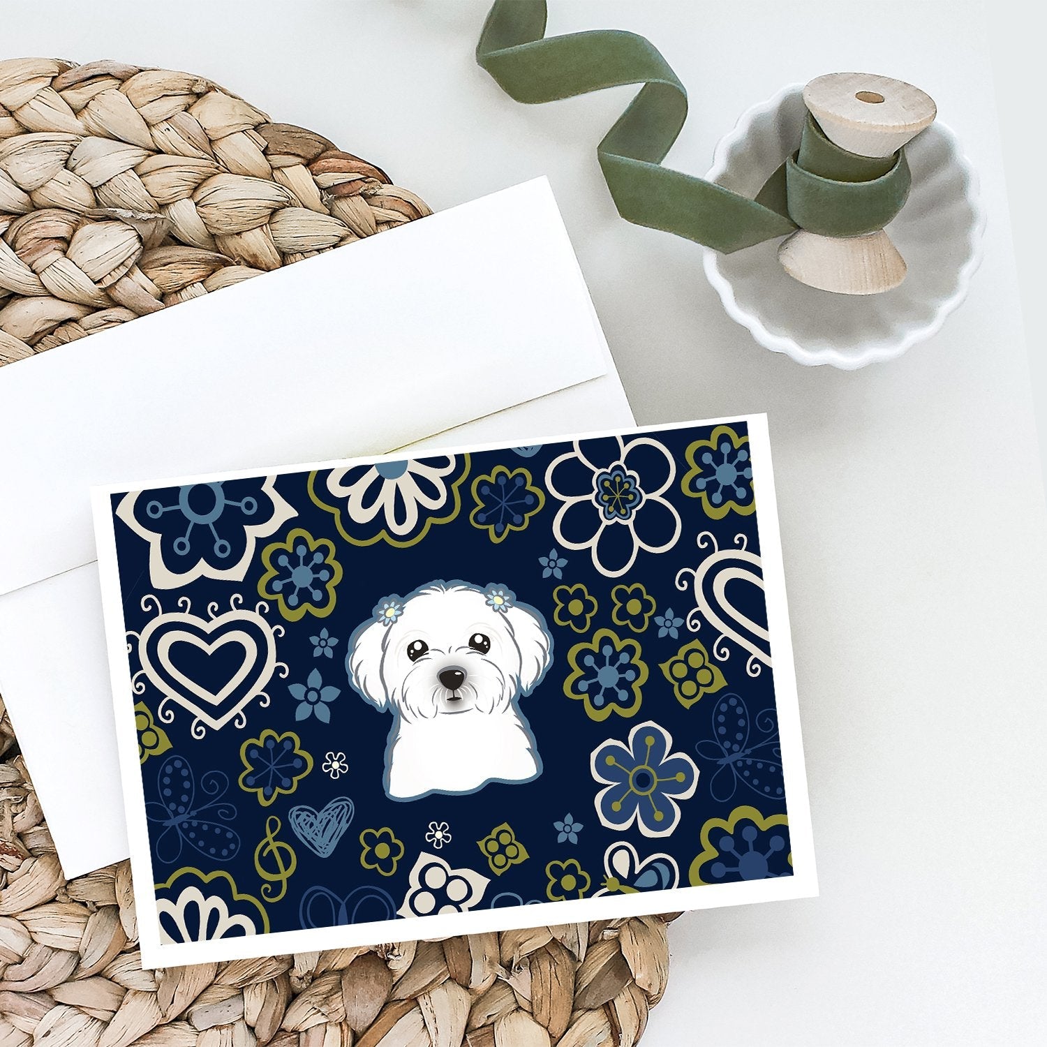 Blue Flowers Maltese Greeting Cards Pack of 8 Blank Cards with Envelopes Whimsical A7 Size 5x7