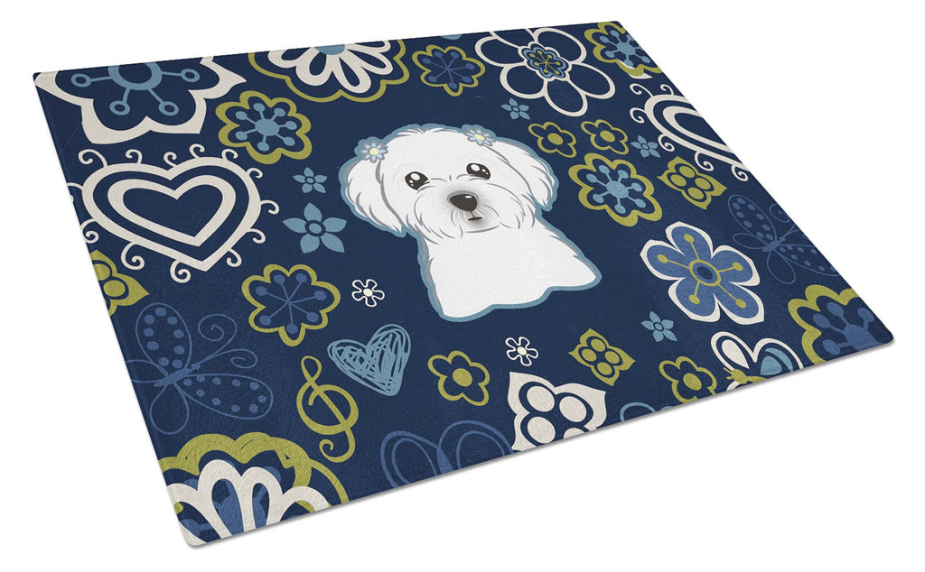 Blue Flowers Maltese Cutting Board Tempered Glass Kitchen Cutting Surface, Heat Resistant Chopping, Non-Slip Feet, Food Prep & Serving
