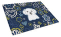 Blue Flowers Maltese Cutting Board Tempered Glass Kitchen Cutting Surface, Heat Resistant Chopping, Non-Slip Feet, Food Prep & Serving