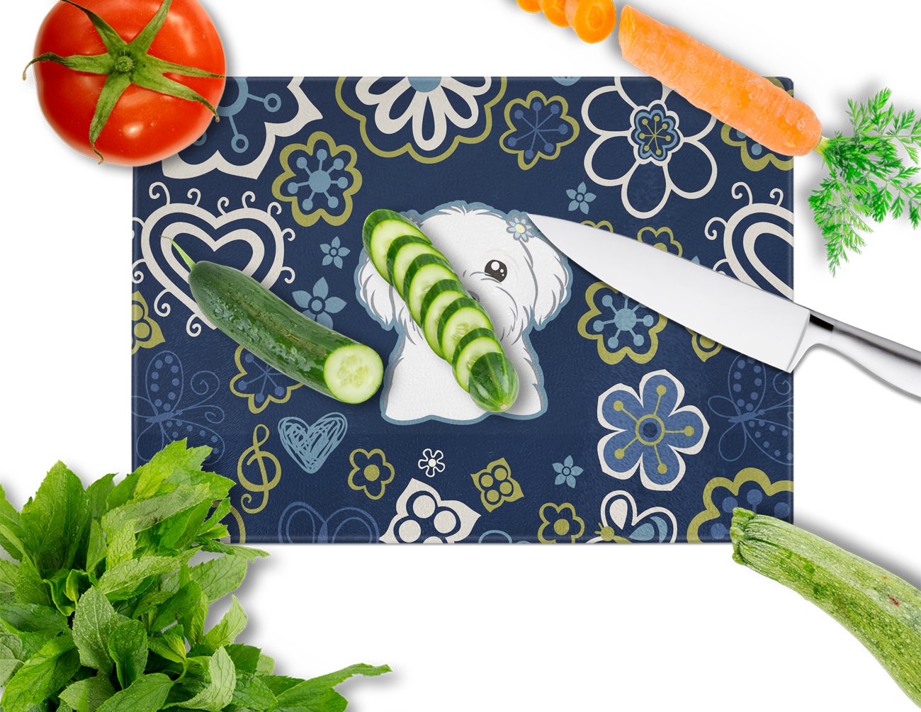 Blue Flowers Maltese Cutting Board Tempered Glass Kitchen Cutting Surface, Heat Resistant Chopping, Non-Slip Feet, Food Prep & Serving