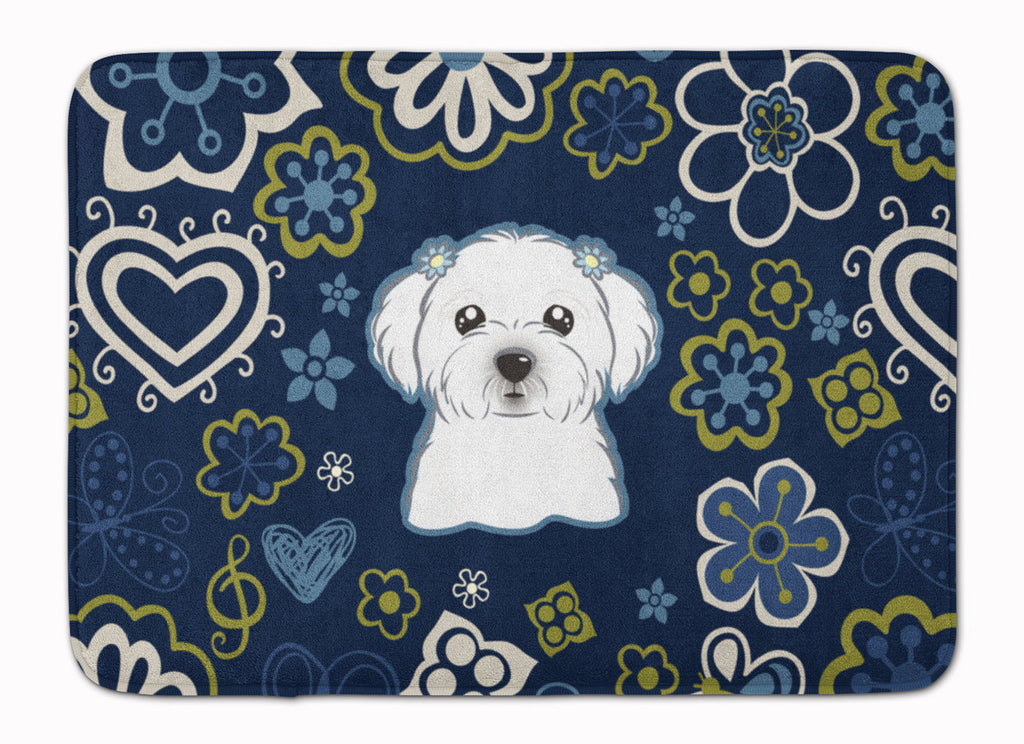 Blue Flowers Maltese Memory Foam Kitchen Mat Machine Washable Anti-Fatigue Cushion Comfort Bath or Kitchen Rug