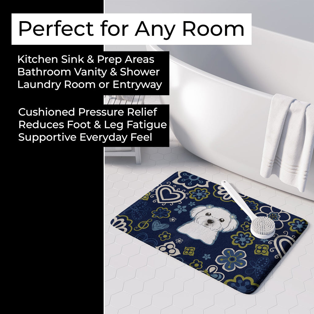 Blue Flowers Maltese Memory Foam Kitchen Mat Machine Washable Anti-Fatigue Cushion Comfort Bath or Kitchen Rug