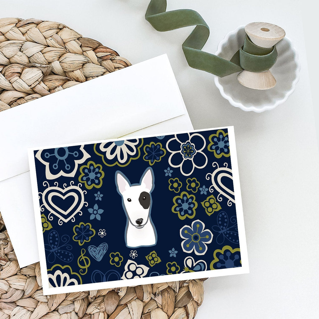 Blue Flowers Bull Terrier Greeting Cards Pack of 8 Blank Cards with Envelopes Whimsical A7 Size 5x7