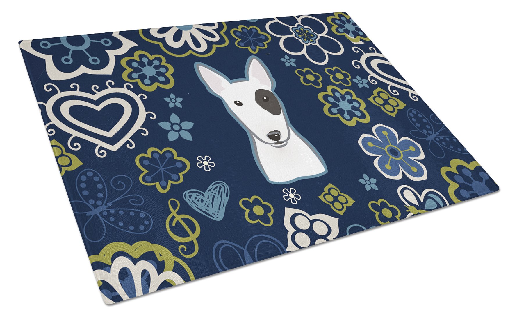 Blue Flowers Bull Terrier Cutting Board Tempered Glass Kitchen Cutting Surface, Heat Resistant Chopping, Non-Slip Feet, Food Prep & Serving