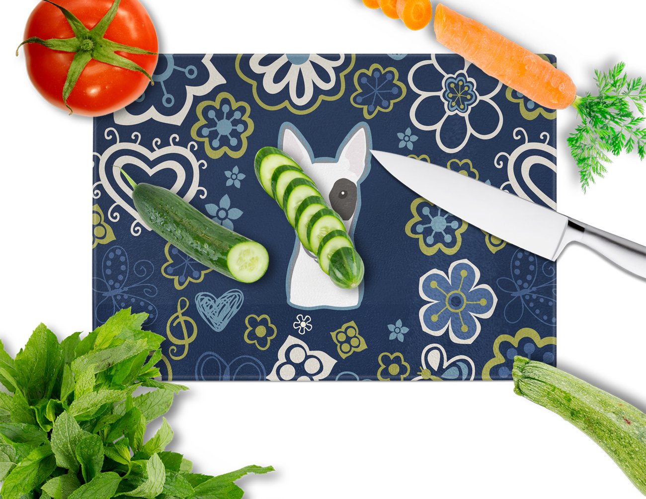 Blue Flowers Bull Terrier Cutting Board Tempered Glass Kitchen Cutting Surface, Heat Resistant Chopping, Non-Slip Feet, Food Prep & Serving