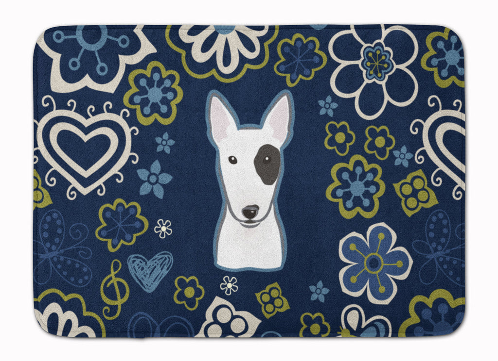 Blue Flowers Bull Terrier Memory Foam Kitchen Mat Machine Washable Anti-Fatigue Cushion Comfort Bath or Kitchen Rug