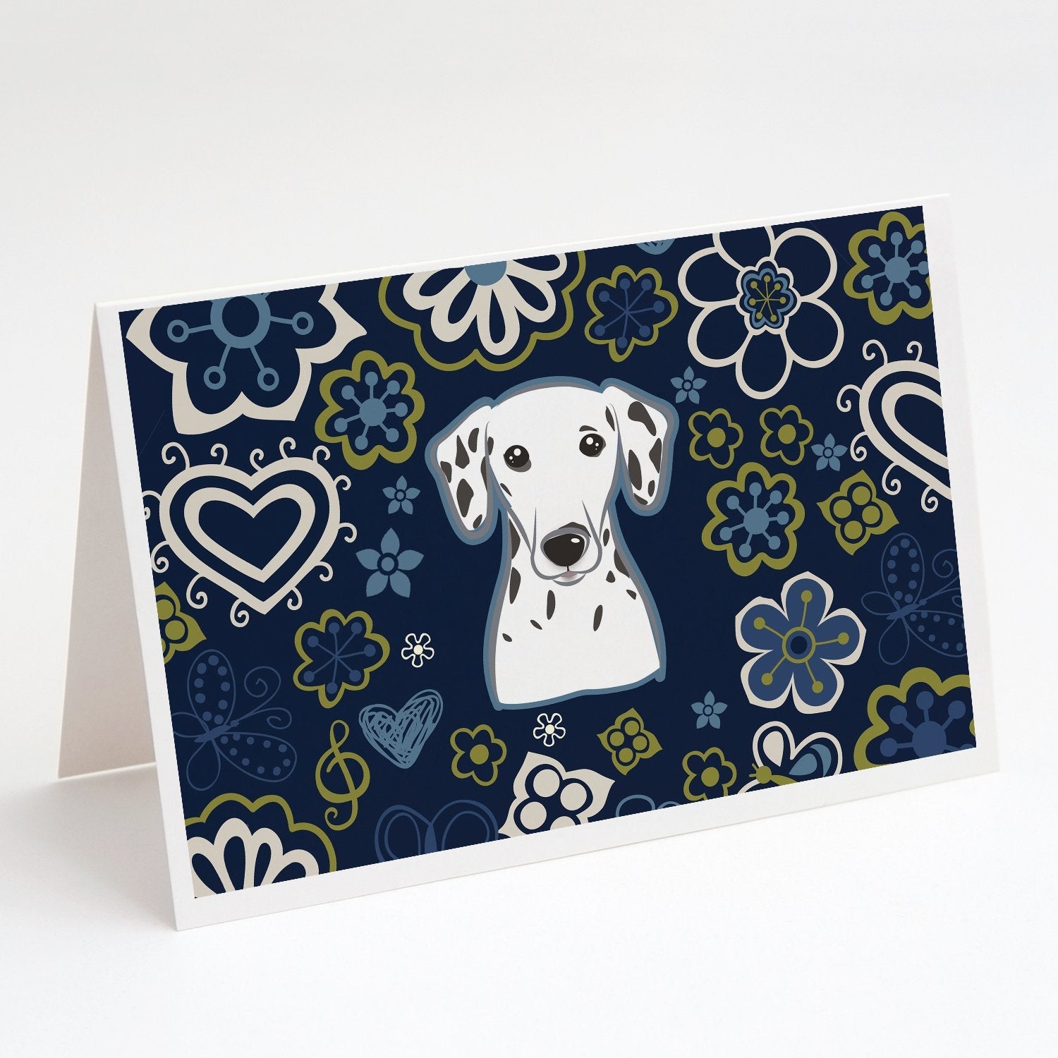Blue Flowers Dalmatian Greeting Cards Pack of 8 Blank Cards with Envelopes Whimsical A7 Size 5x7