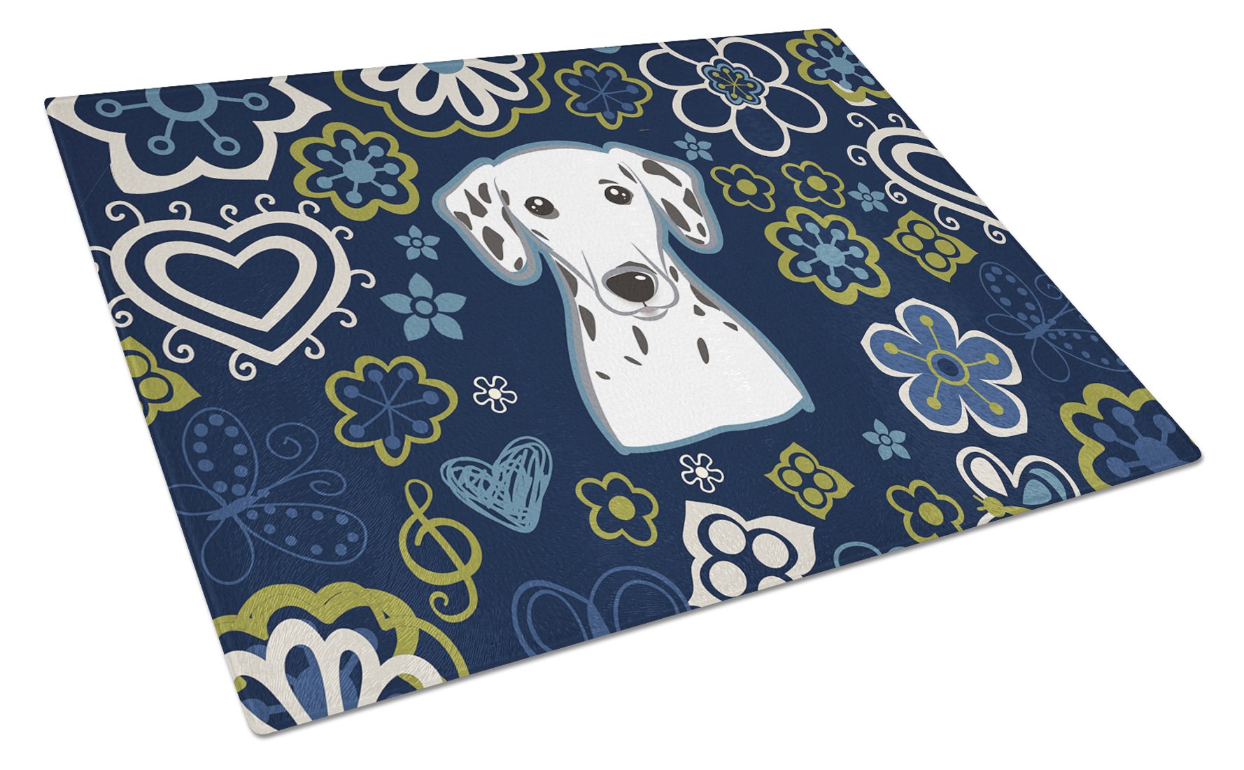 Blue Flowers Dalmatian Cutting Board Tempered Glass Kitchen Cutting Surface, Heat Resistant Chopping, Non-Slip Feet, Food Prep & Serving