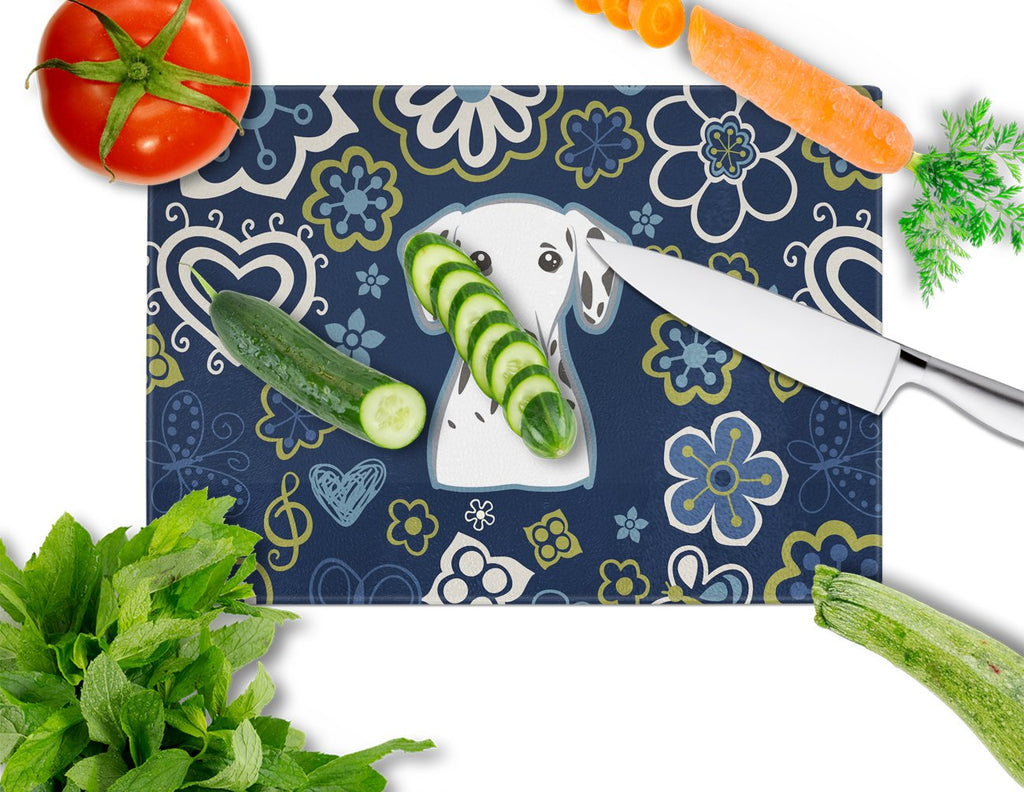 Blue Flowers Dalmatian Cutting Board Tempered Glass Kitchen Cutting Surface, Heat Resistant Chopping, Non-Slip Feet, Food Prep & Serving