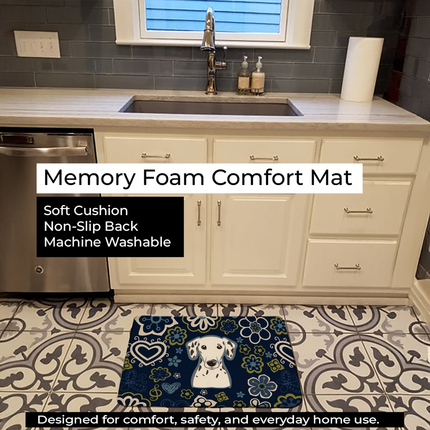 Blue Flowers Dalmatian Memory Foam Kitchen Mat Machine Washable Anti-Fatigue Cushion Comfort Bath or Kitchen Rug
