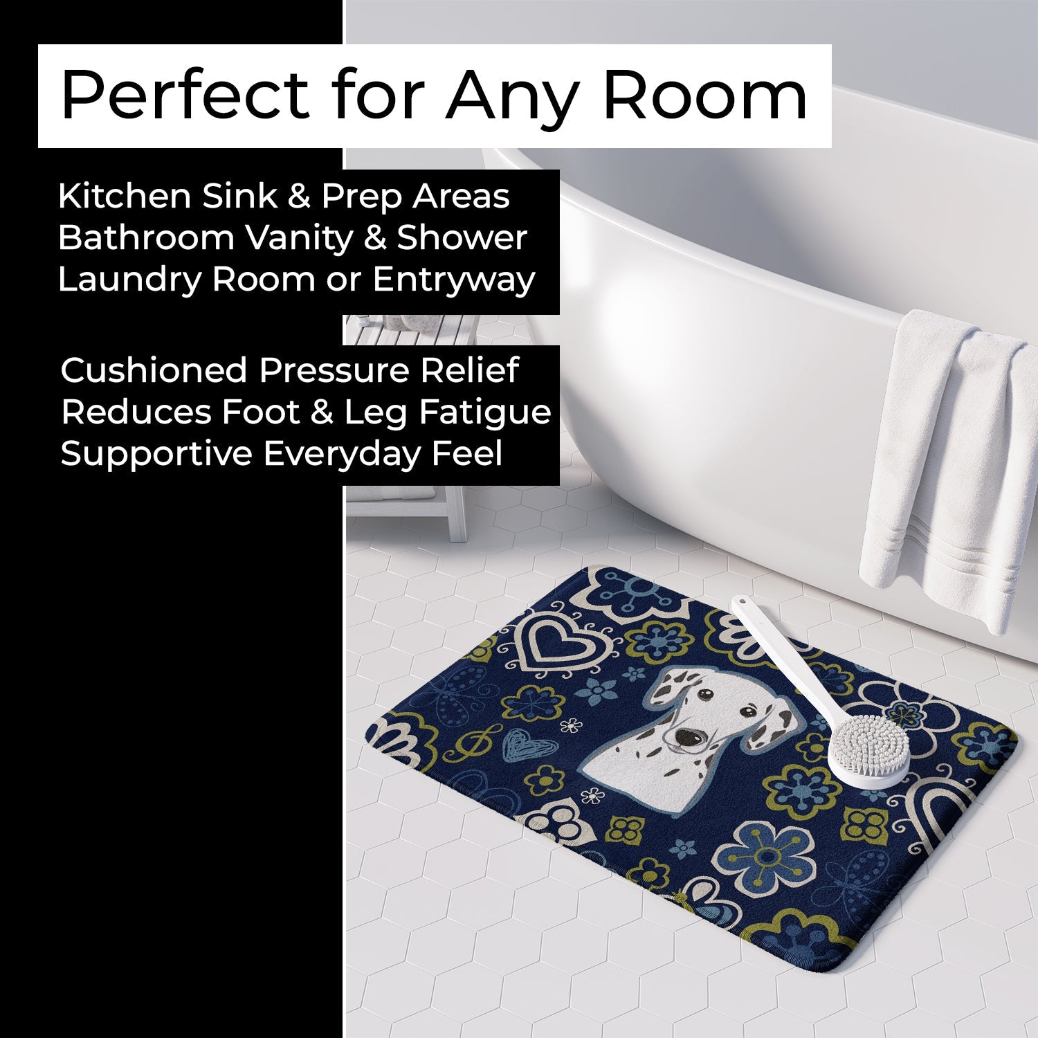 Blue Flowers Dalmatian Memory Foam Kitchen Mat Machine Washable Anti-Fatigue Cushion Comfort Bath or Kitchen Rug