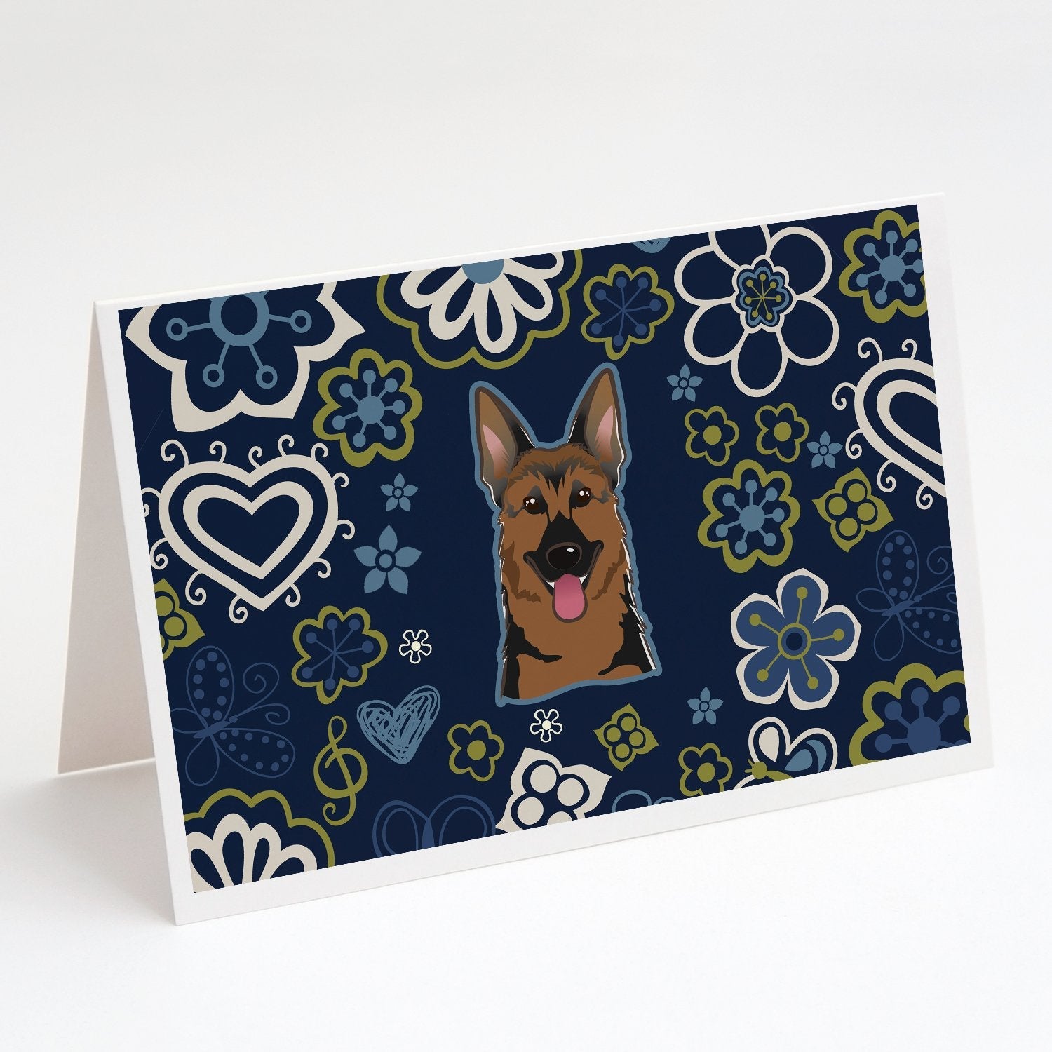Blue Flowers German Shepherd Greeting Cards Pack of 8 Blank Cards with Envelopes Whimsical A7 Size 5x7