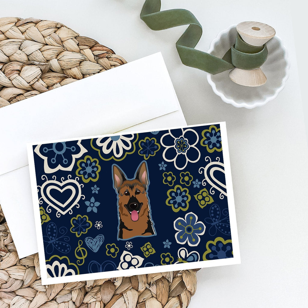 Blue Flowers German Shepherd Greeting Cards Pack of 8 Blank Cards with Envelopes Whimsical A7 Size 5x7