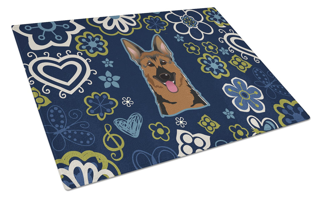 Blue Flowers German Shepherd Cutting Board Tempered Glass Kitchen Cutting Surface, Heat Resistant Chopping, Non-Slip Feet, Food Prep & Serving