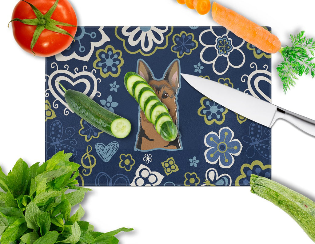 Blue Flowers German Shepherd Cutting Board Tempered Glass Kitchen Cutting Surface, Heat Resistant Chopping, Non-Slip Feet, Food Prep & Serving