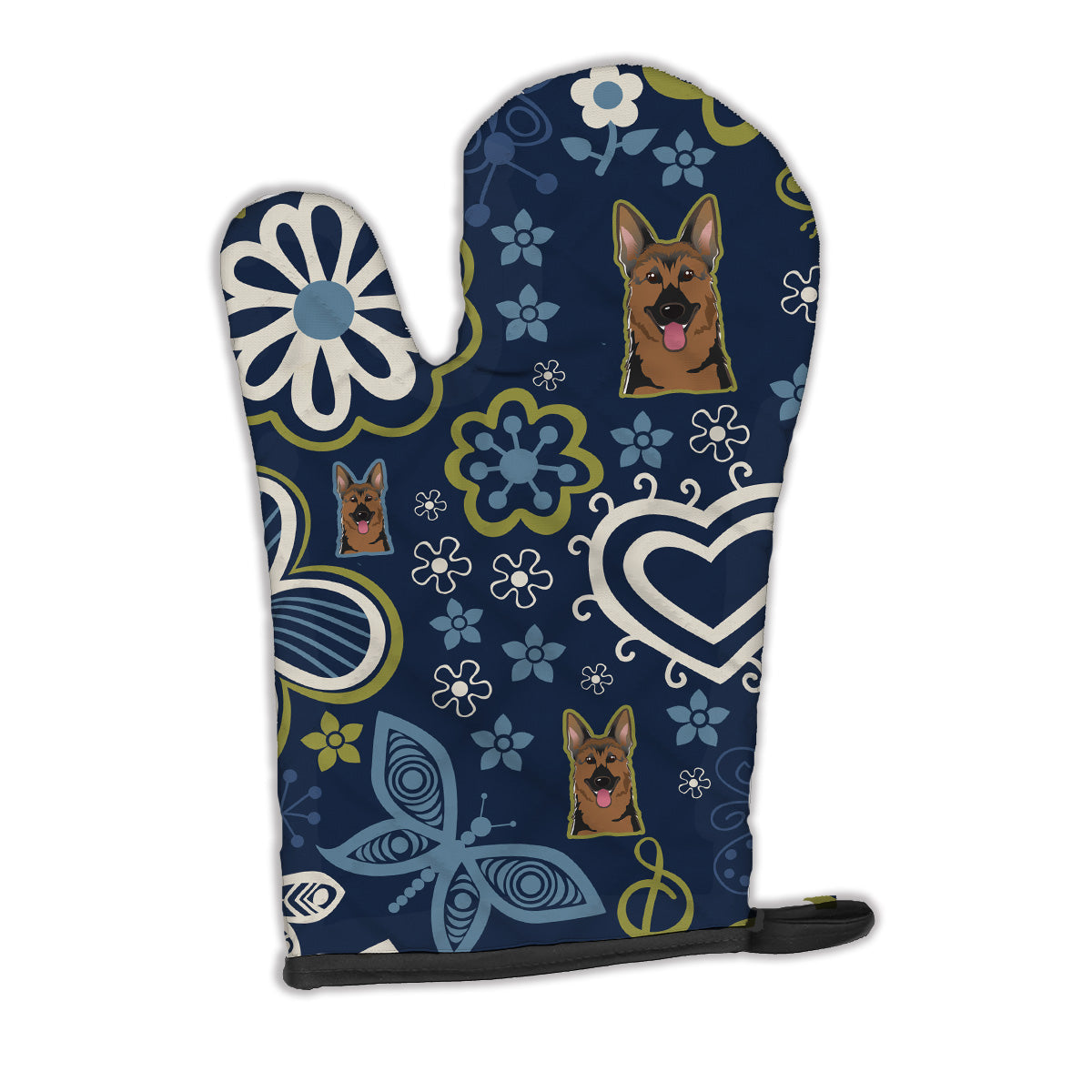 Blue Flowers German Shepherd Oven Mitt Heat Resistant Thick Oven Mitt for Hot Pans and Oven, Kitchen Mitt Protect Hands, Cooking Baking Glove