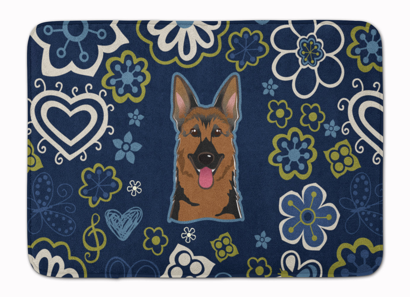 Blue Flowers German Shepherd Memory Foam Kitchen Mat Machine Washable Anti-Fatigue Cushion Comfort Bath or Kitchen Rug