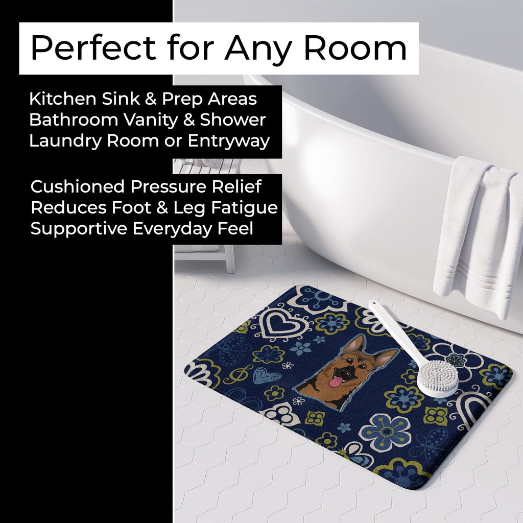 Blue Flowers German Shepherd Memory Foam Kitchen Mat Machine Washable Anti-Fatigue Cushion Comfort Bath or Kitchen Rug