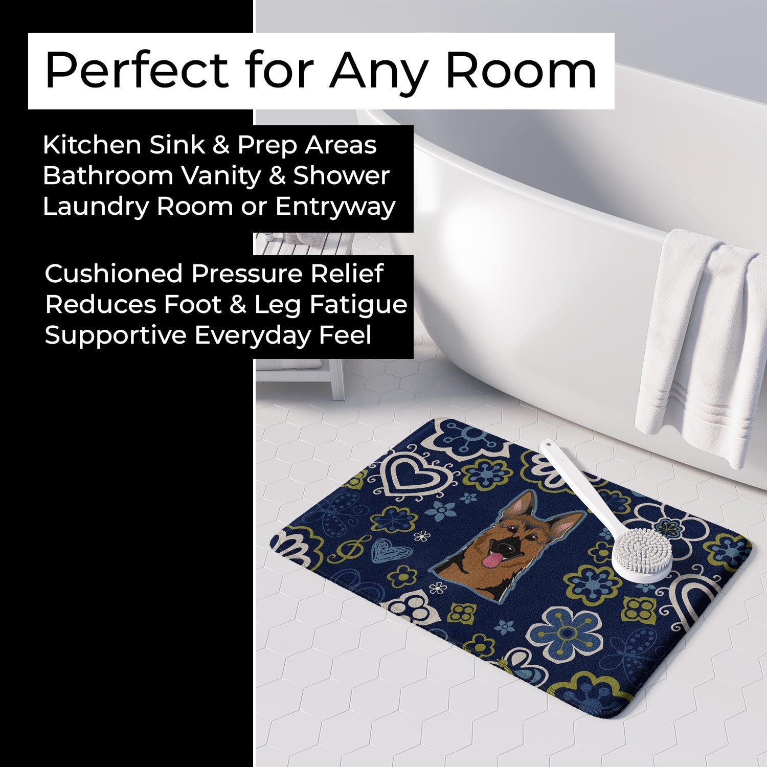 Blue Flowers German Shepherd Memory Foam Kitchen Mat Machine Washable Anti-Fatigue Cushion Comfort Bath or Kitchen Rug