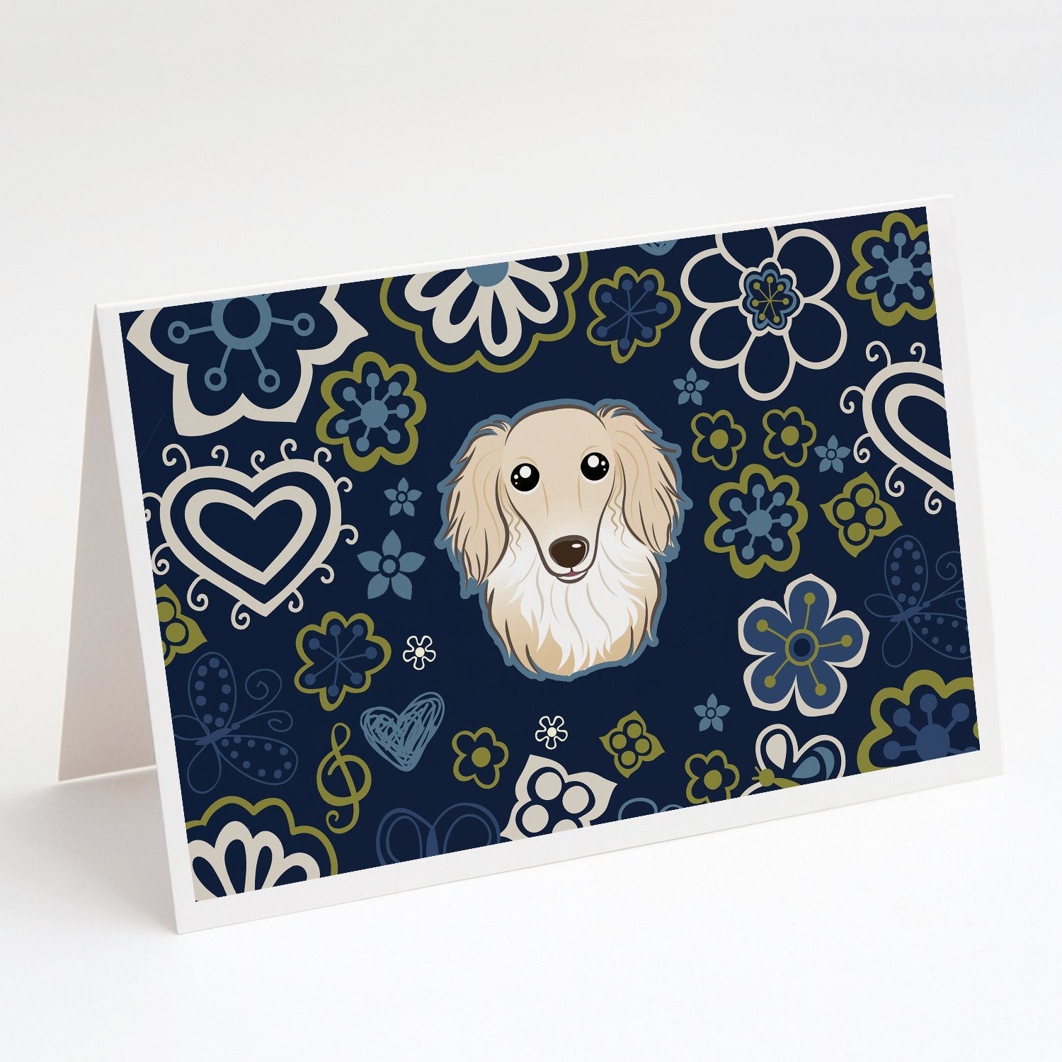 Blue Flowers Longhair Creme Dachshund Greeting Cards Pack of 8 Blank Cards with Envelopes Whimsical A7 Size 5x7
