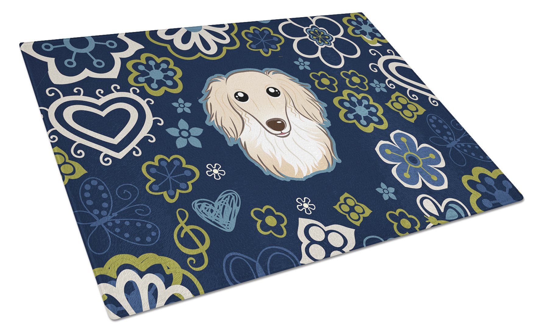 Blue Flowers Longhair Creme Dachshund Cutting Board Tempered Glass Kitchen Cutting Surface, Heat Resistant Chopping, Non-Slip Feet, Food Prep & Serving
